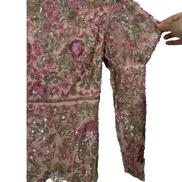 MAC DUGGAL SEQUIN MIDI PUFF SLEEVE EMBELLISHED PINK DRESS SZ 16 NEW - Picture 4 of 6